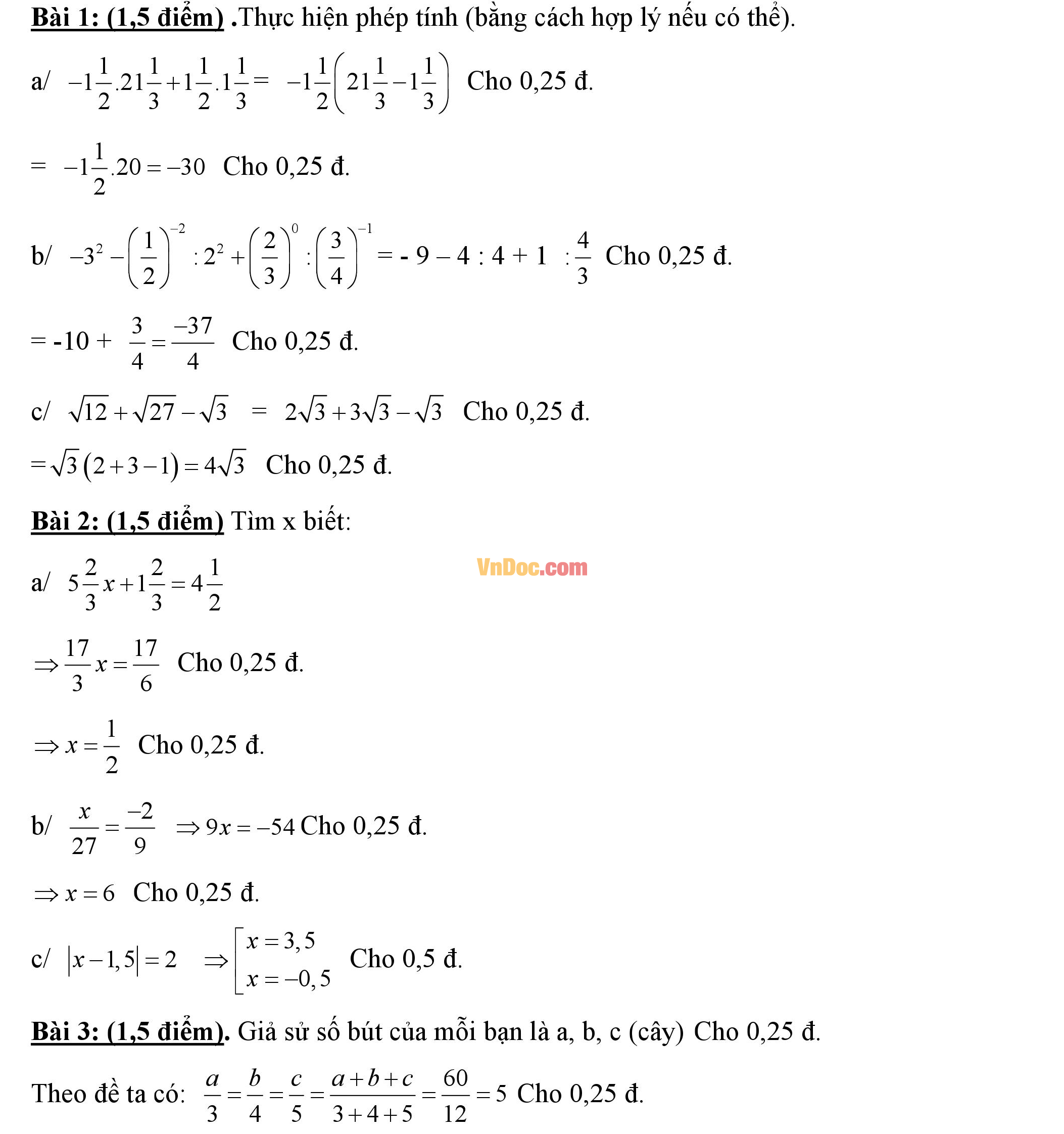 Đáp án đề thi hk1 môn Toán lớp 7
