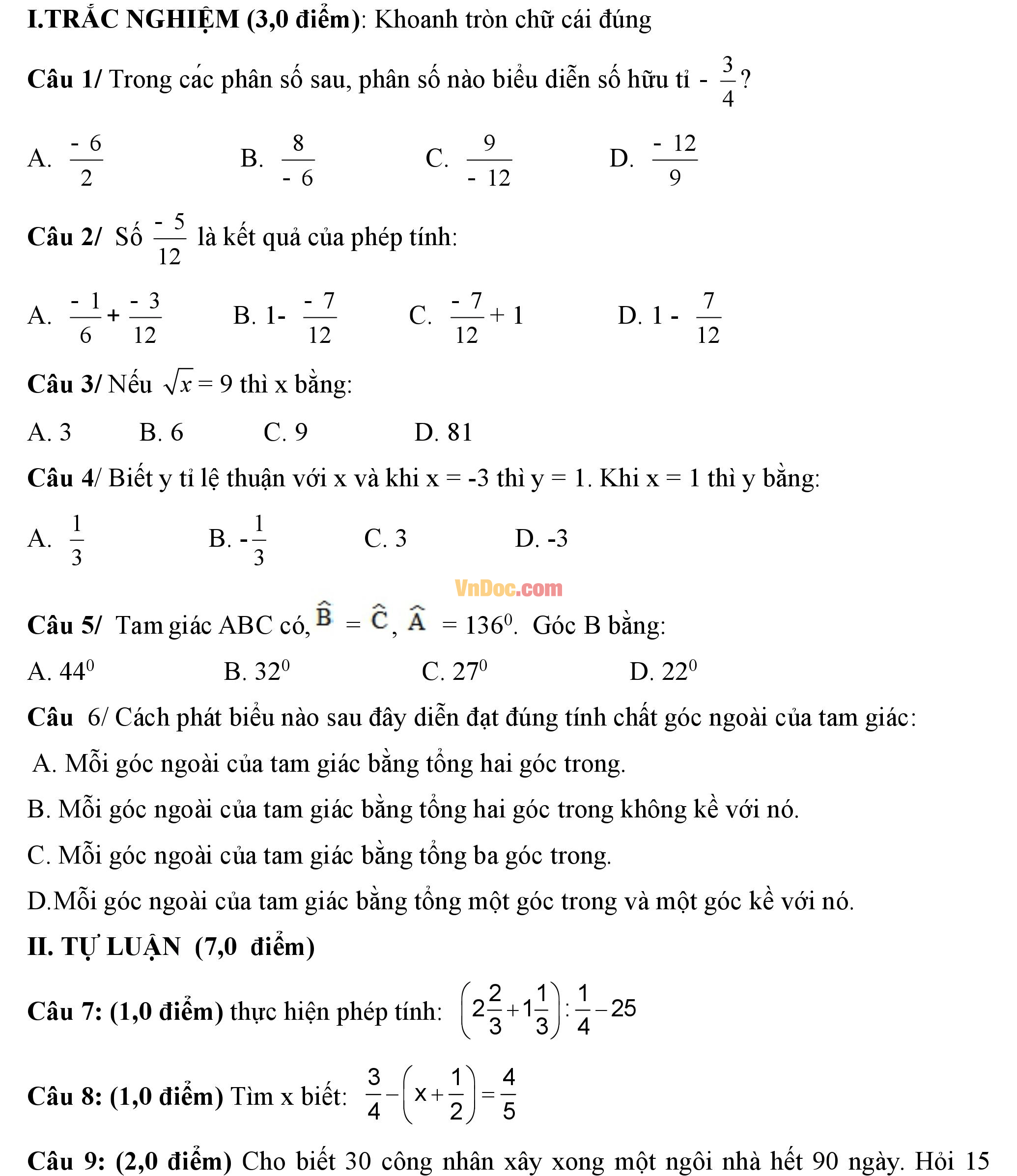 Đề thi hk1 môn Toán lớp 7