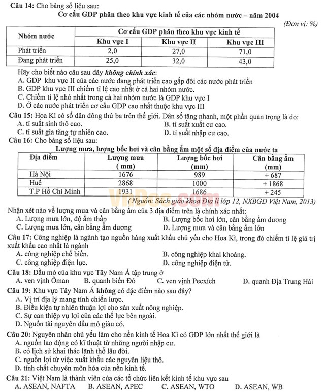 Đề thi học kì 1 môn Địa lý lớp 11 có đáp án