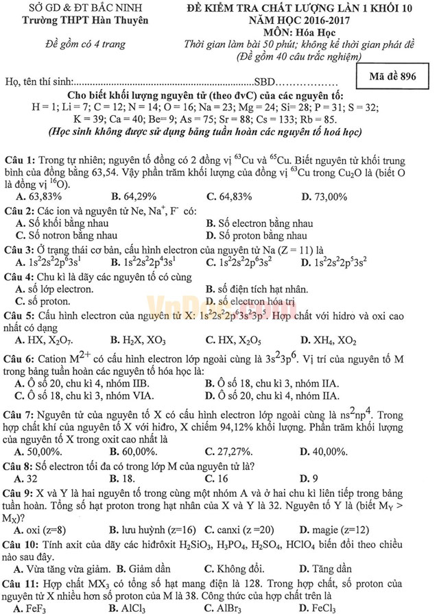 Đề thi học kì 1 môn Hóa học lớp 10 có đáp án