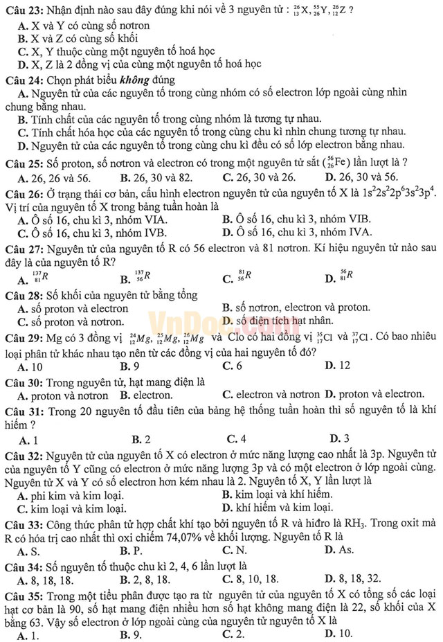 Đề thi học kì 1 môn Hóa học lớp 10 có đáp án