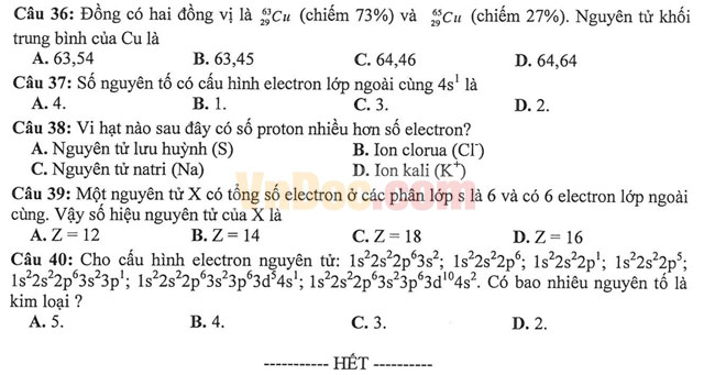 Đề thi học kì 1 môn Hóa học lớp 10 có đáp án
