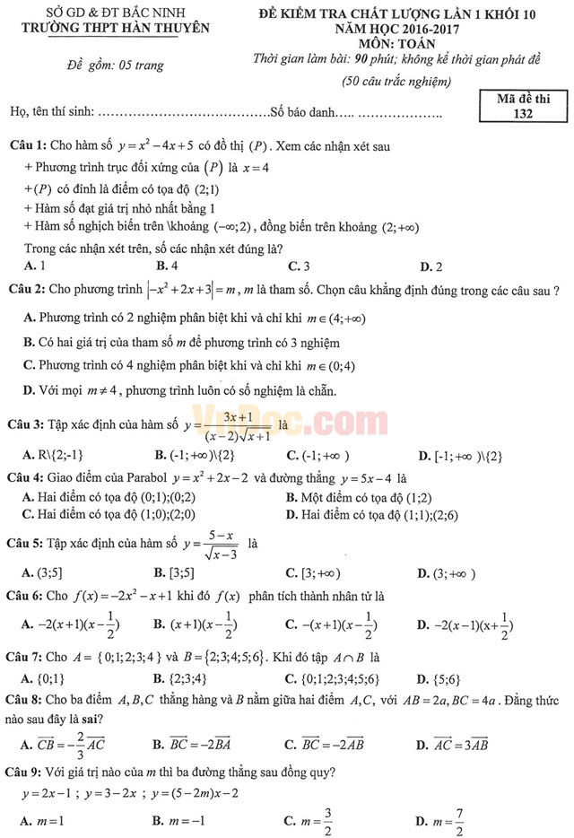 Đề thi học kì 1 môn Toán lớp 10 có đáp án