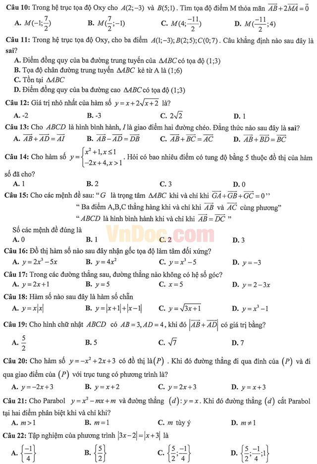 Đề thi học kì 1 môn Toán lớp 10 có đáp án