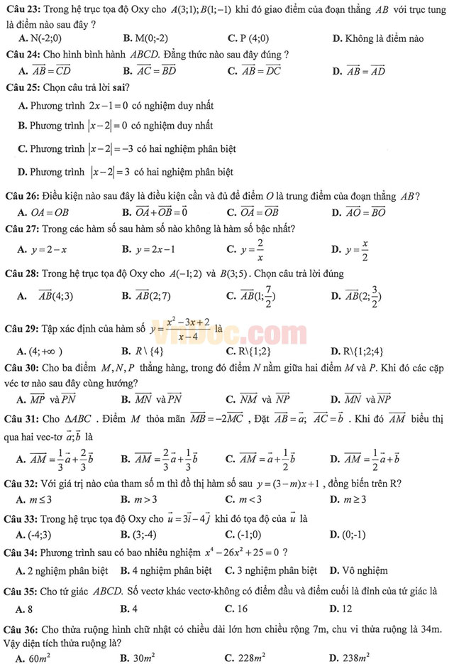 Đề thi học kì 1 môn Toán lớp 10 có đáp án