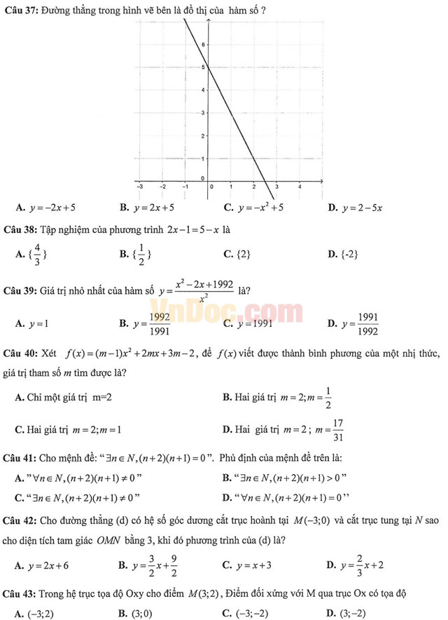 Đề thi học kì 1 môn Toán lớp 10 có đáp án