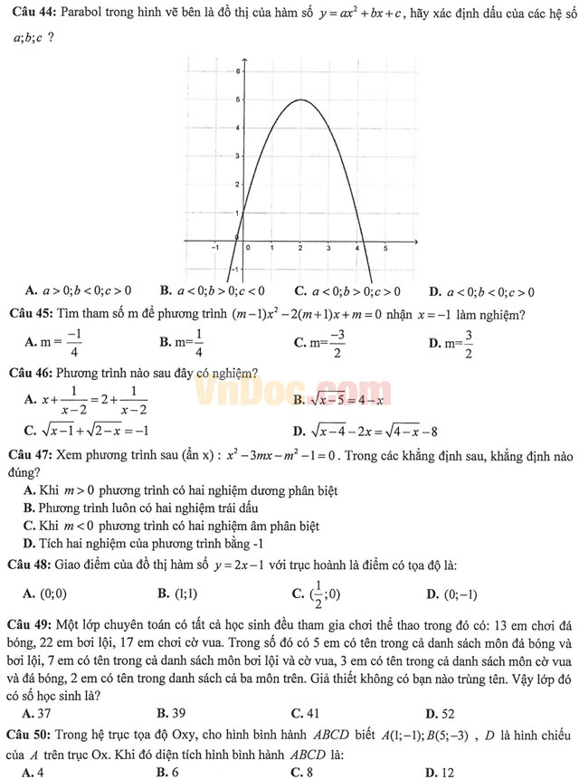 Đề thi học kì 1 môn Toán lớp 10 có đáp án