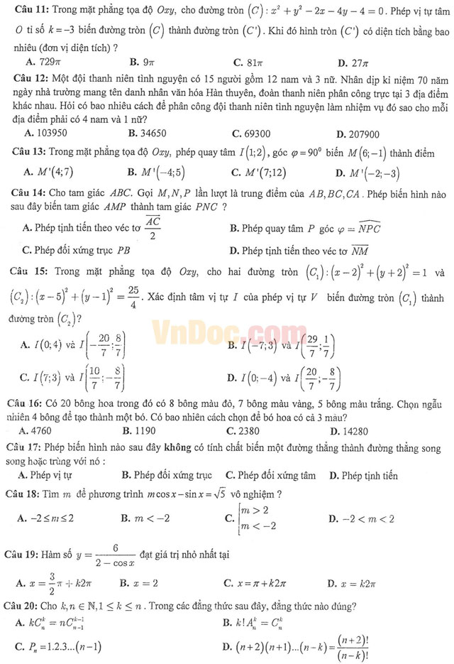 Đề thi học kì 1 môn Toán lớp 11 có đáp án