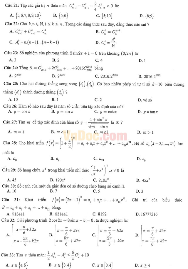 Đề thi học kì 1 môn Toán lớp 11 có đáp án