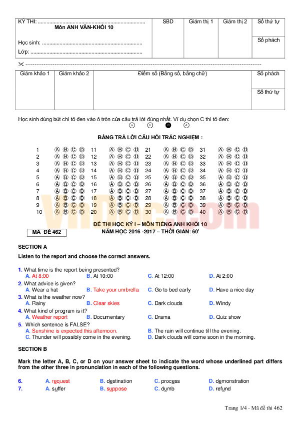Đề thi học kì 1 môn Tiếng Anh lớp 10
