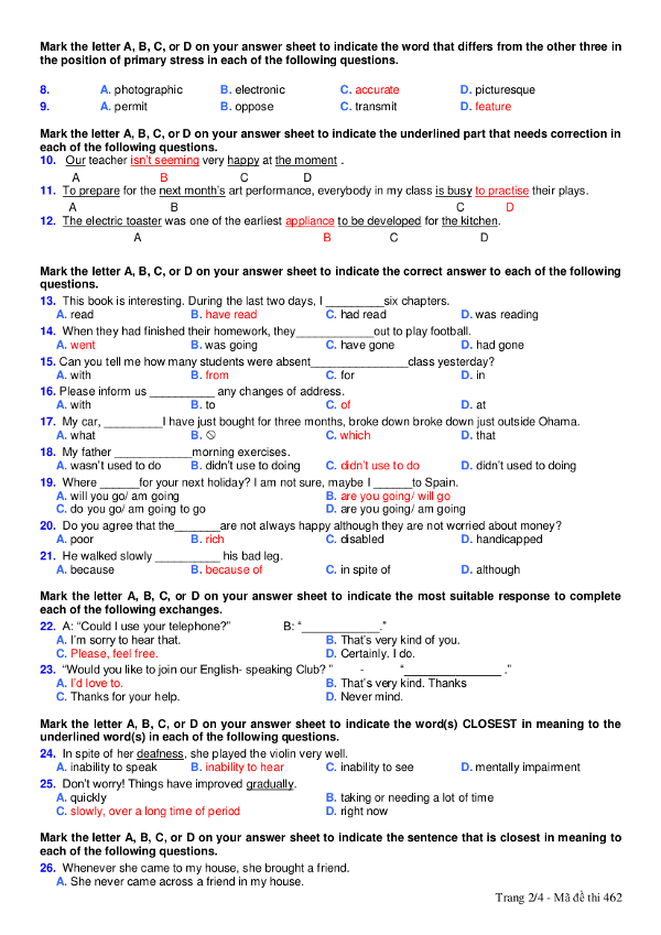 Đề thi học kì 1 môn Tiếng Anh lớp 10 có đáp án