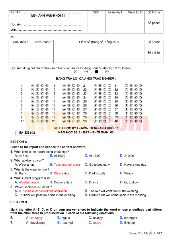 Đề thi học kỳ 1 môn tiếng Anh lớp 11 có đáp án Đề thi học kỳ 1 môn tiếng Anh lớp 11