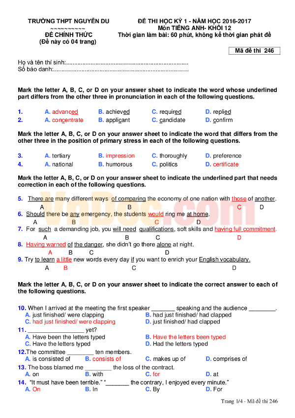 Đề thi học kỳ 1 môn tiếng Anh lớp 12