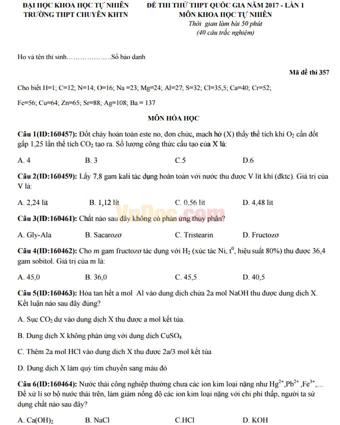Đề thi thử THPT Quốc gia năm 2017 môn Hóa học trường THPT chuyên Khoa học tự nhiên - Đại học Quốc gia Hà Nội (Lần 1) Đề thi thử THPT Quốc gia năm 2017 môn Hóa học trường THPT chuyên Khoa học tự nhiên có đáp án