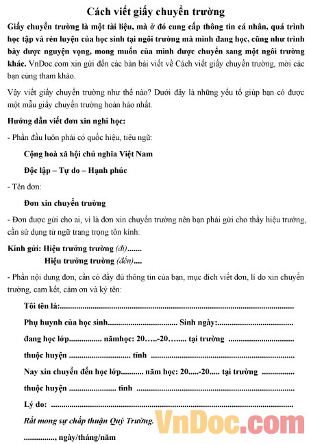 Cách viết giấy chuyển trường