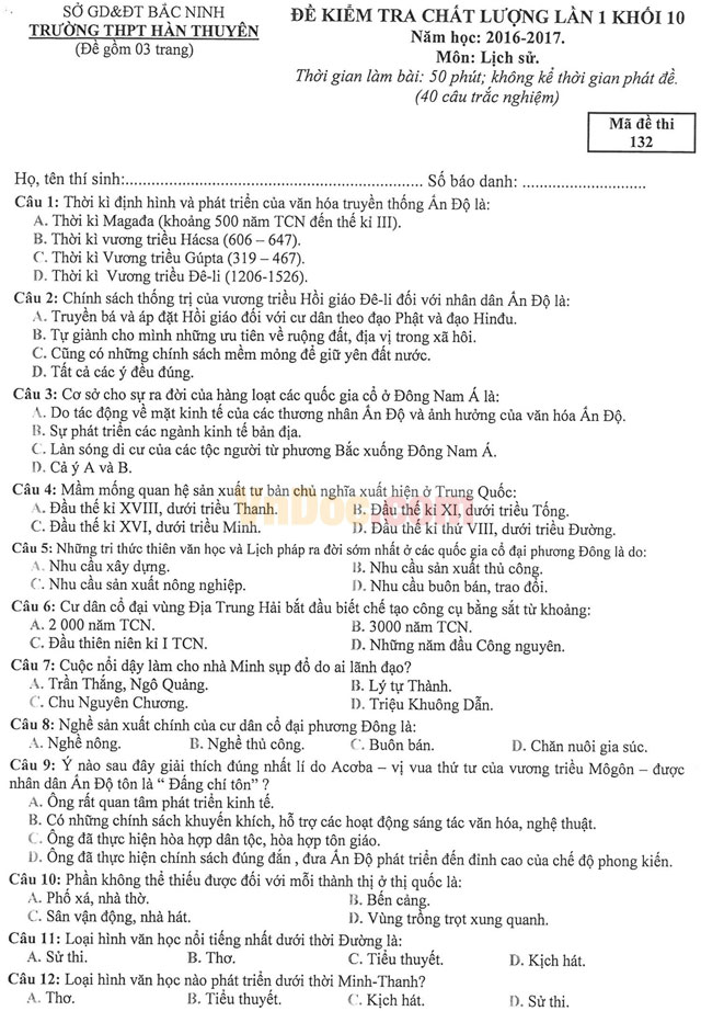 Đề thi học kì 1 môn Lịch sử lớp 10 có đáp án