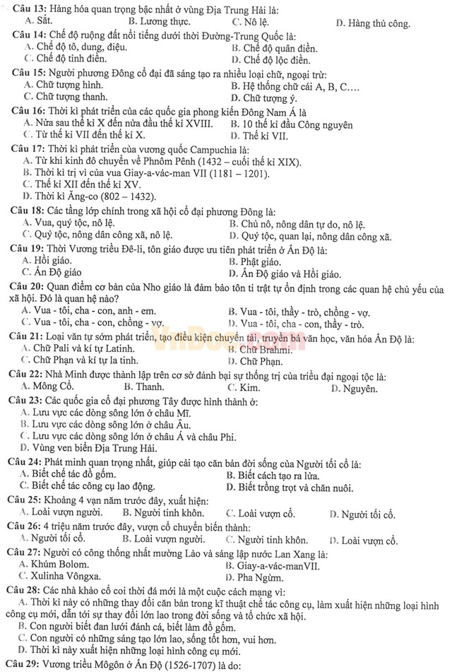 Đề thi học kì 1 môn Lịch sử lớp 10 có đáp án