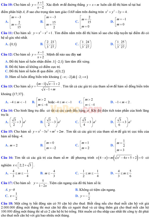 Đề thi thử THPT Quốc gia năm 2017 môn Toán trắc nghiệm trường THPT chuyên Bắc Kạn (Lần 1) Đề thi thử THPT Quốc gia năm 2017 môn Toán trắc nghiệm