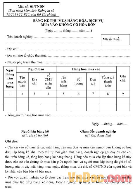 Bảng kê thu mua hàng hóa, dịch vụ mua vào không có hóa đơn Mẫu số 01/TNDN: Bảng kê thu mua hàng hóa, dịch vụ mua vào không có hóa đơn