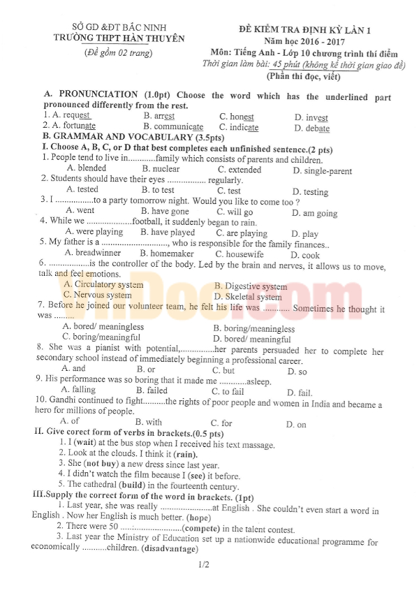 Đề thi giữa học kì 1 lớp 10 môn Anh