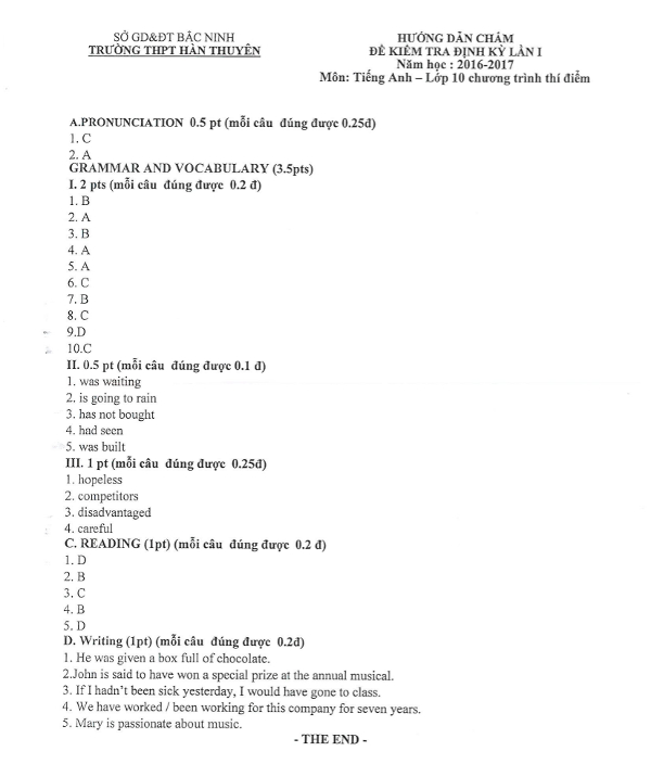 Đề thi giữa kì 1 lớp 10 môn Tiếng Anh năm 2016 mới nhất 