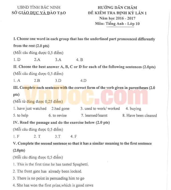 Đề Thi Giữa Học Kì 1 Lớp 10 Môn Anh 