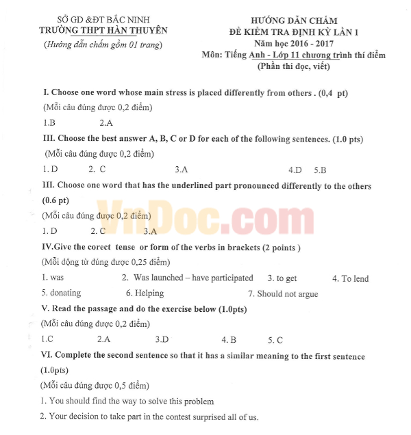 Đề thi giữa học kì 1 lớp 11 môn Tiếng Anh năm học 2016