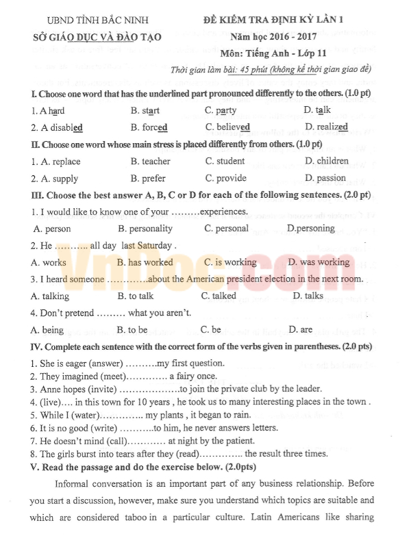 Đề thi giữa học kì 1 lớp 11 môn Anh có đáp án Đề thi giữa học kì 1 lớp 11 môn Anh