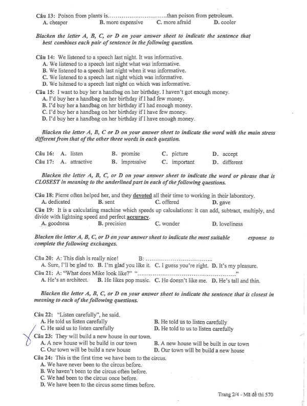 25 đề thi học kì 1 môn Tiếng Anh lớp 12 có đáp án Đề thi giữa học kỳ 1 môn Tiếng Anh lớp 12 có đáp án