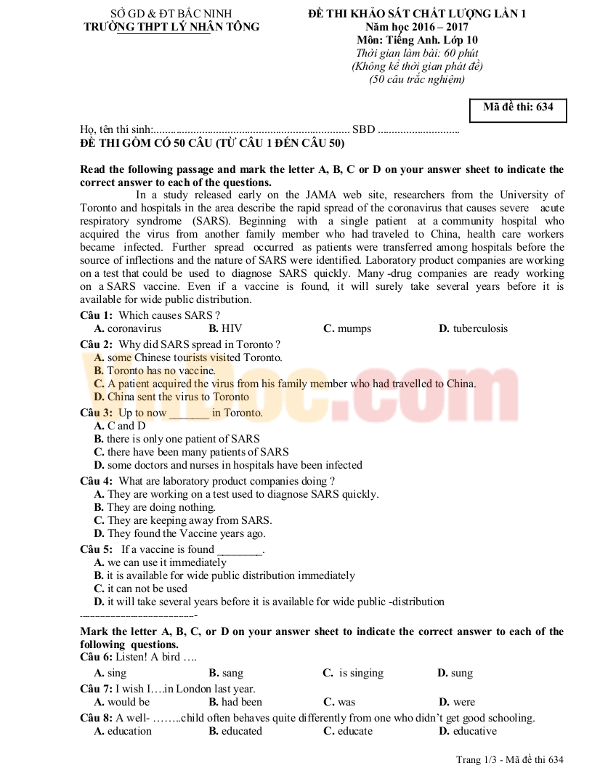 Đề thi học kì 1 môn Tiếng Anh lớp 10 Đề thi học kì 1 môn Tiếng Anh lớp 10 có đáp án