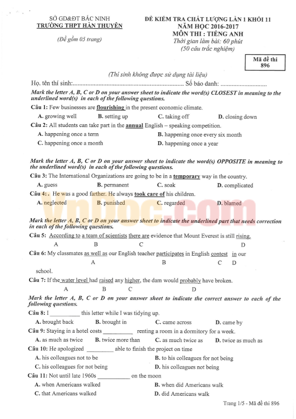 Đề thi học kỳ 1 môn Tiếng Anh lớp 11 năm 2016 Đề thi học kỳ 1 môn Tiếng Anh lớp 11 năm 2017