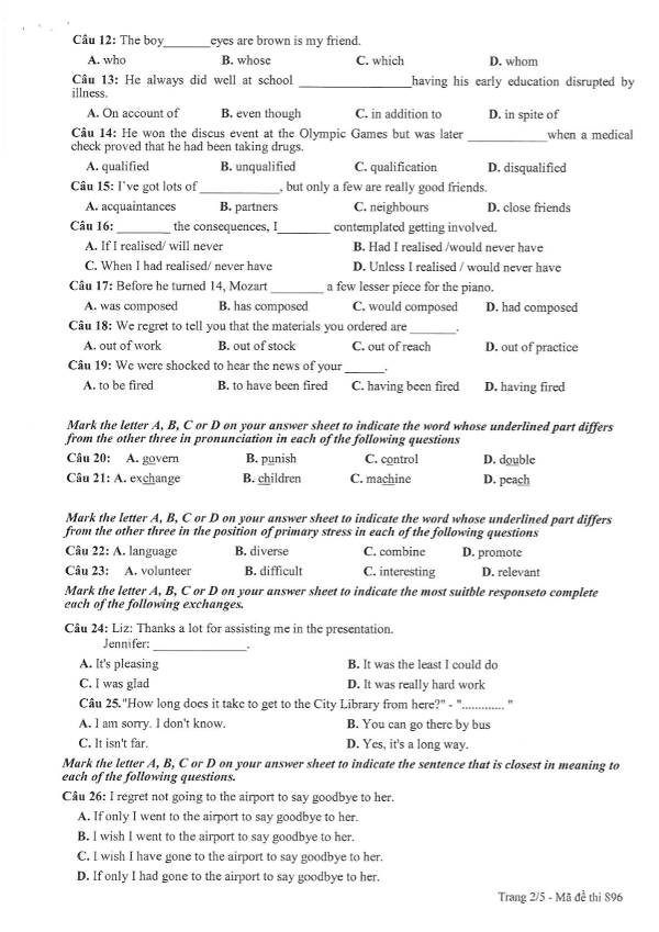 Đề thi học kì 1 lớp 11 môn Tiếng Anh Đề thi học kỳ 1 môn Tiếng Anh lớp 11 năm 2016 có đáp án