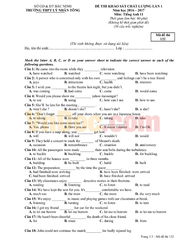 Đề thi học kì 1 lớp 11 môn Tiếng Anh năm 2016 có đáp án Đề thi học kì 1 lớp 11 môn Tiếng Anh năm 2016