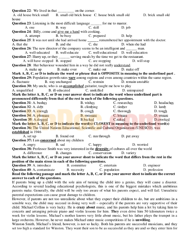 Đề kiểm tra chất lượng đầu năm môn Tiếng Anh lớp 11 năm 2016