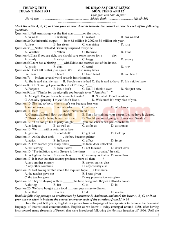 Đề khảo sát chất lượng đầu năm môn Tiếng Anh lớp 12 có đáp án Đề khảo sát chất lượng đầu năm môn Tiếng Anh lớp 12