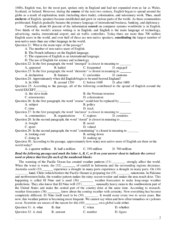 Đáp án đề khảo sát chất lượng môn Tiếng Anh lớp 12 năm 2016 Đáp án đề khảo sát chất lượng môn Tiếng Anh lớp 12