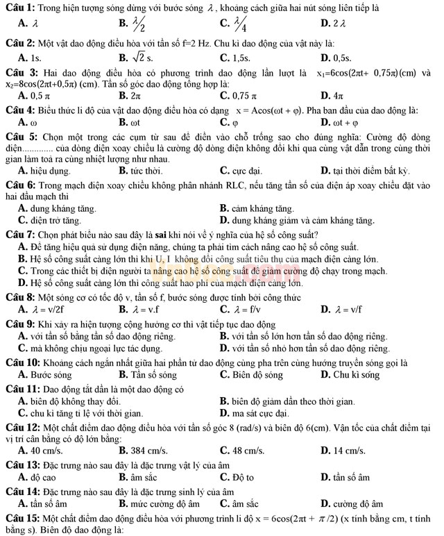 Đề thi học kì 1 môn Vật lý lớp 12 trường THPT Đoàn Thượng, Hải Dương năm học 2016 - 2017 Đề thi học kì 1 môn Vật lý lớp 12 có đáp án