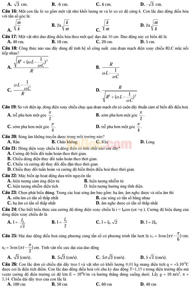 Đề thi học kì 1 môn Vật lý lớp 12 trường THPT Đoàn Thượng, Hải Dương năm học 2016 - 2017 Đề thi học kì 1 môn Vật lý lớp 12 có đáp án