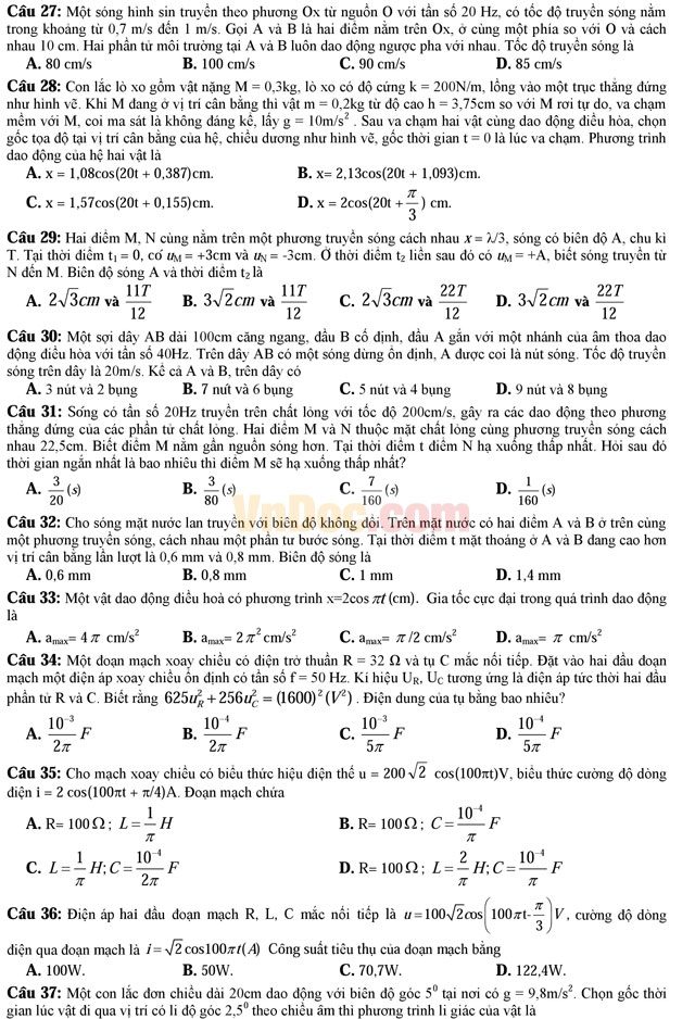Đề thi học kì 1 môn Vật lý lớp 12 trường THPT Đoàn Thượng, Hải Dương năm học 2016 - 2017 Đề thi học kì 1 môn Vật lý lớp 12 có đáp án