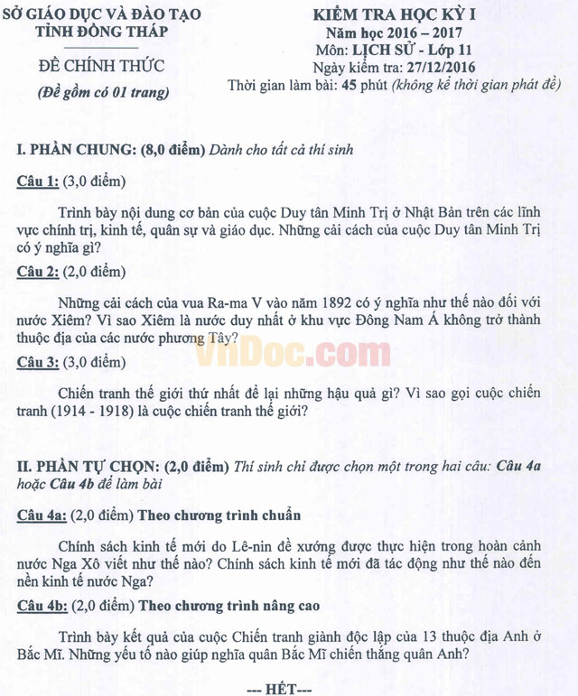 Đề thi học kì 1 môn Lịch sử lớp 11 có đáp án
