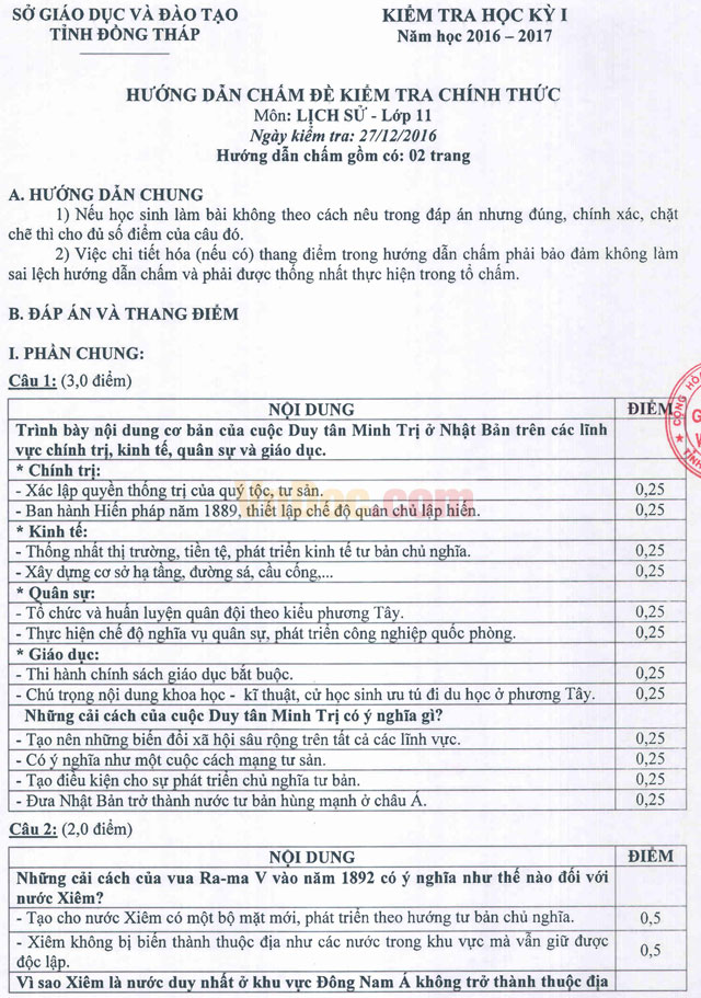 Đề thi học kì 1 môn Lịch sử lớp 11 có đáp án