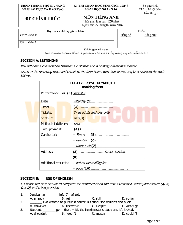 50 đề thi học sinh giỏi Tiếng Anh lớp 9 có đáp án 50 đề thi học sinh giỏi Tiếng Anh lớp 9