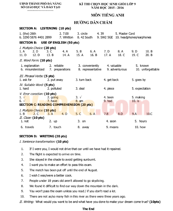 Tổng hợp đề thi HSG lớp 9 môn tiếng Anh có đáp án Tổng hợp đề thi HSG lớp 9 môn tiếng Anh