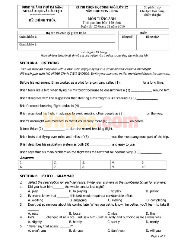 Đề thi học sinh giỏi môn Tiếng Anh lớp 12 có đáp án Đề thi học sinh giỏi môn Tiếng Anh lớp 12