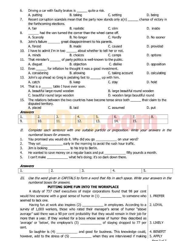 Đề thi học sinh giỏi lớp 12 vòng 1 môn tiếng anh Đề thi học sinh giỏi môn Tiếng Anh lớp 12 có đáp án