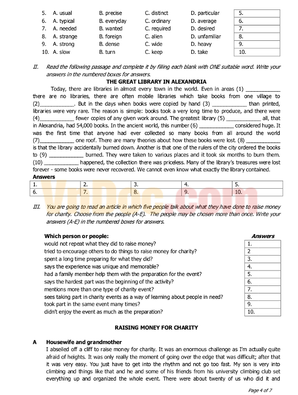 Đề thi chọn học sinh giỏi cấp tỉnh môn Tiếng Anh lớp 12 có đáp án Đề thi chọn học sinh giỏi cấp tỉnh môn Tiếng Anh lớp 12