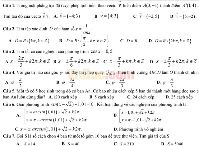 Đề thi học kì 1 môn Toán lớp 11 trường THPT Nguyễn Hiền, Đà Nẵng năm học 2016 - 2017 Đề thi học kì 1 môn Toán lớp 11 có đáp án