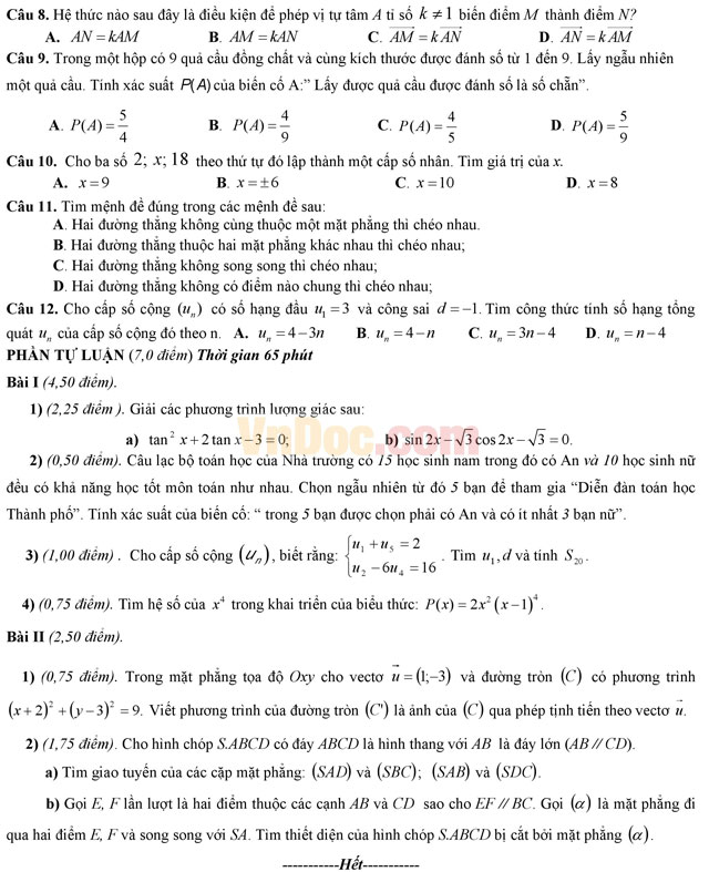 Đề thi học kì 1 môn Toán lớp 11 trường THPT Nguyễn Hiền, Đà Nẵng năm học 2016 - 2017 Đề thi học kì 1 môn Toán lớp 11 có đáp án