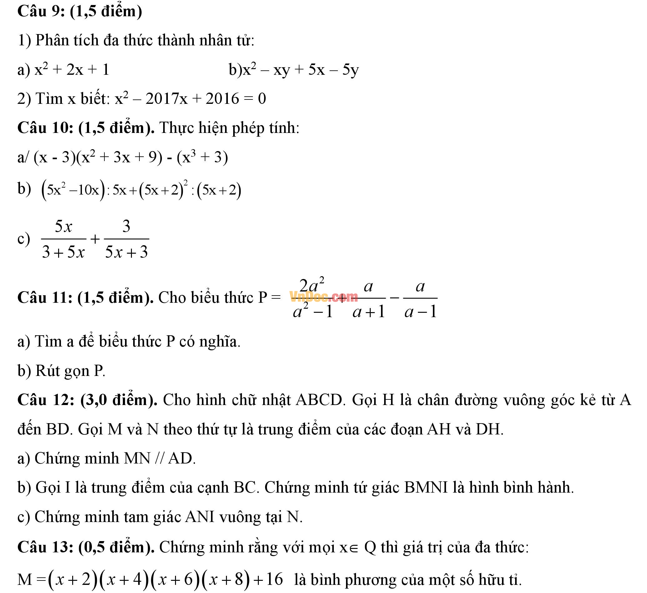 Đề thi hk1 môn Toán lớp 8