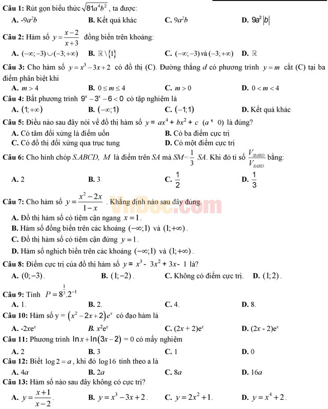 Đề thi học kì 1 môn Toán lớp 12 có đáp án